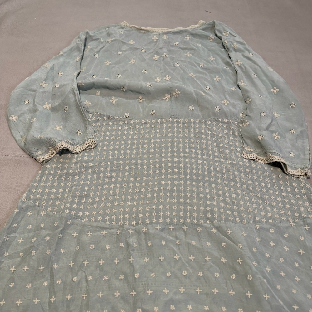 Johnny Was Blue Embroider Eyelet Rayon V-Neck Cottage Prairie Tunic Dress-S-6398 - Picture 9 of 10